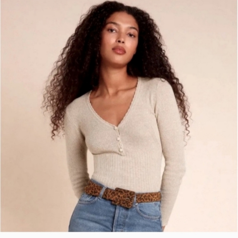 Rouje Beige Long Sleeve V-Neck Top